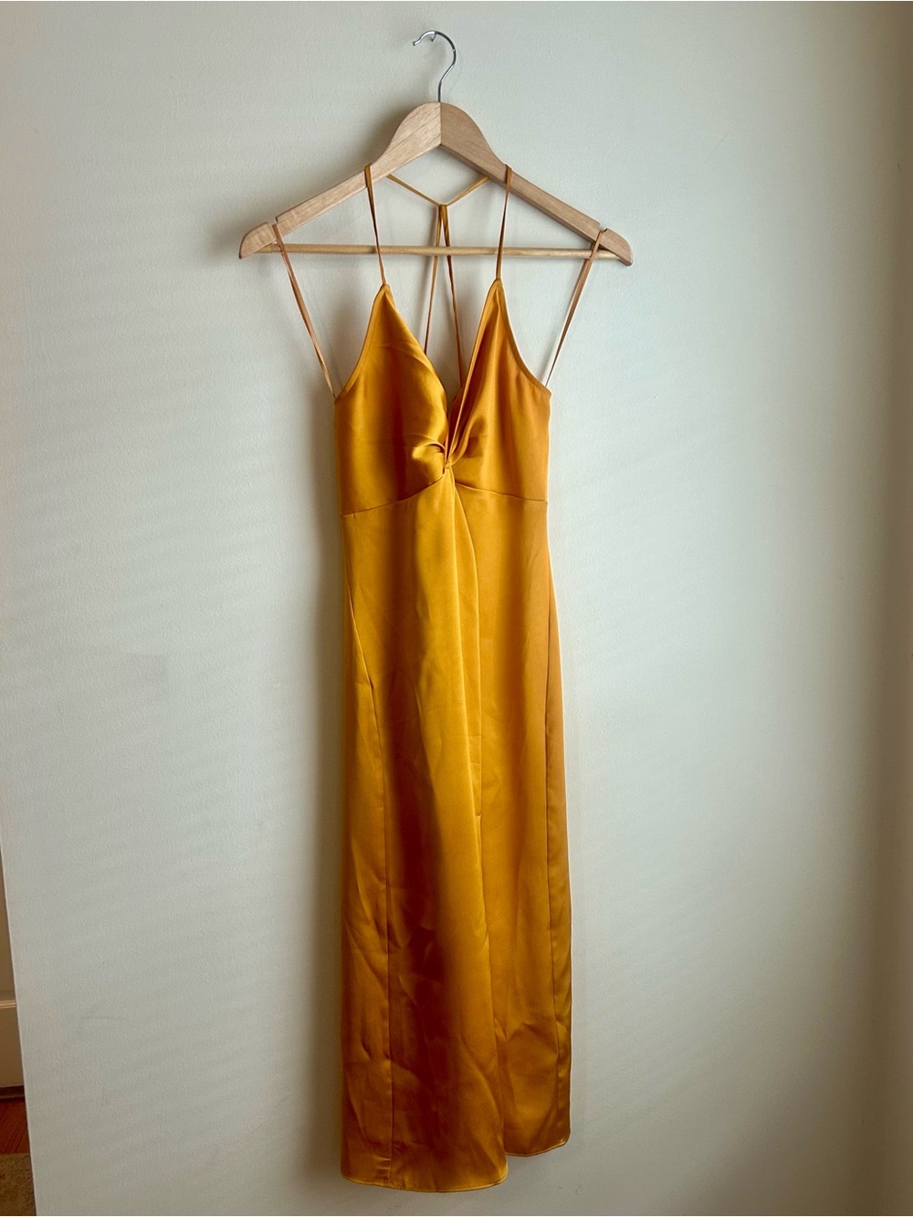 Satin Slip Dress with Twist Front - Mustard Yellow
